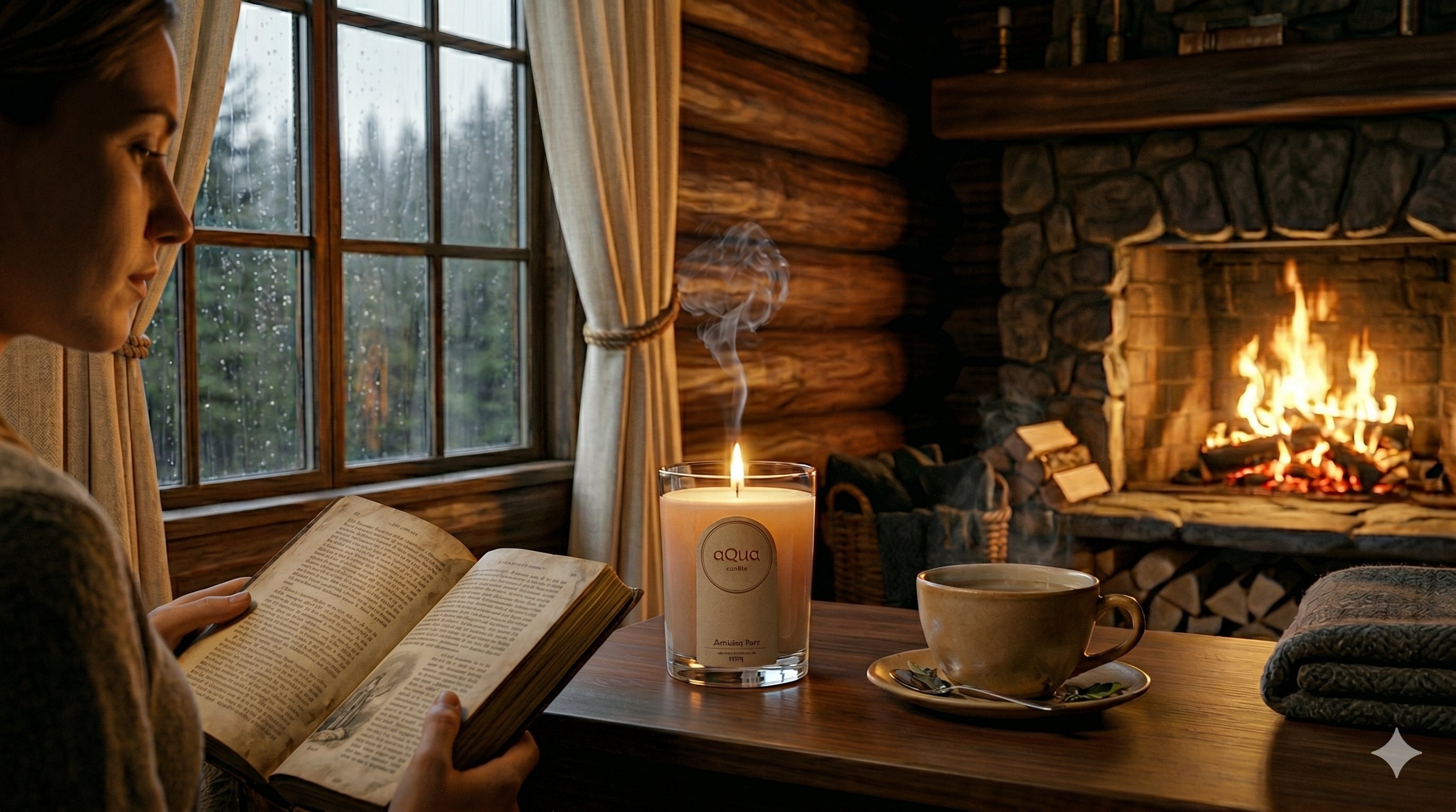 Útulná chvíľa s aQua candle pri krbe a knihe