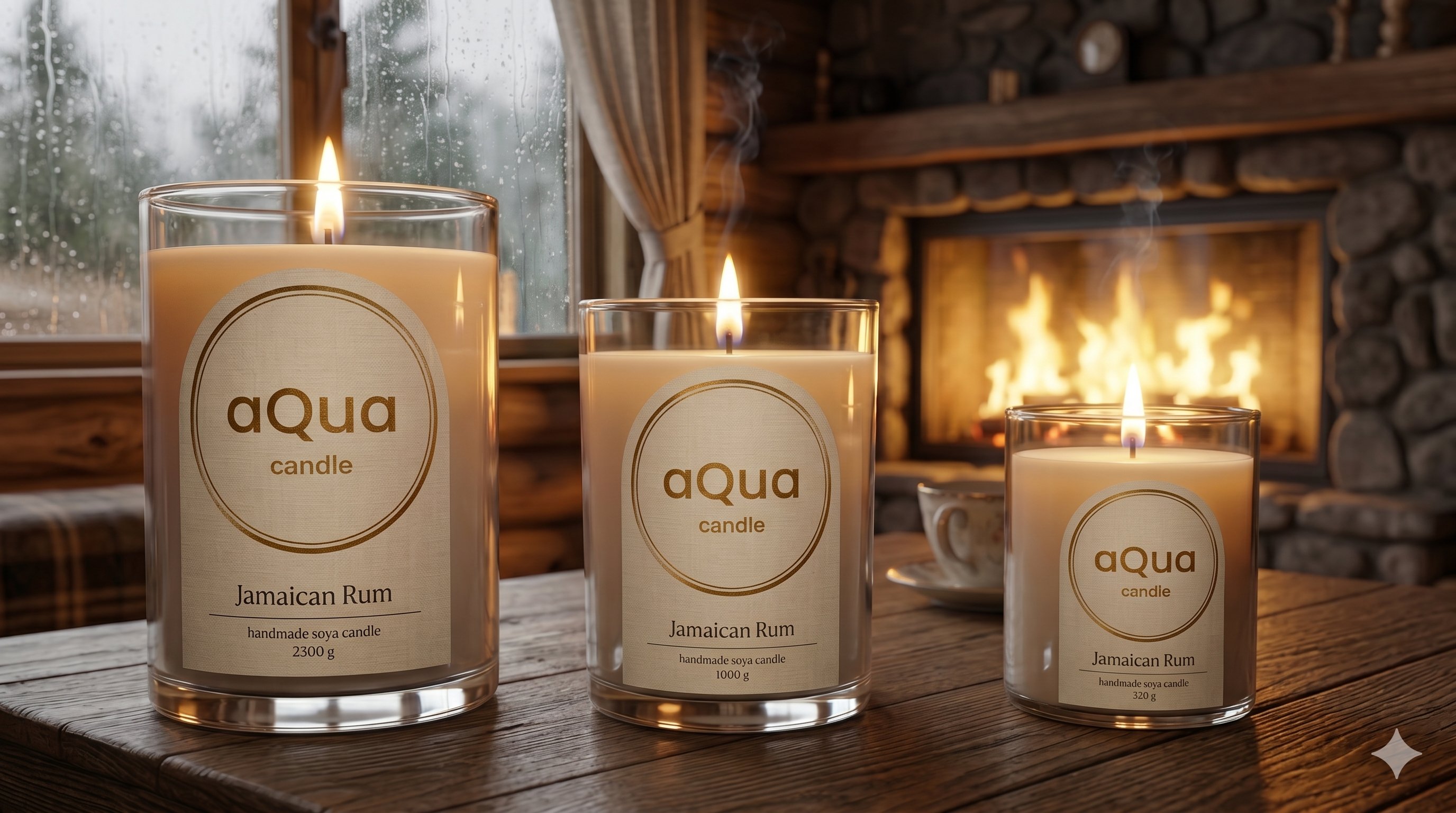 Tri veľkosti aQua candle pri krbe